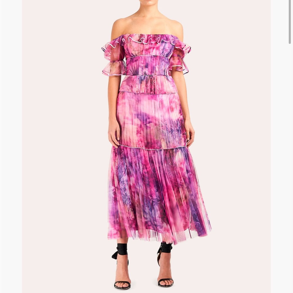 Marchesa Notte Pleated Chiffon Off-Shoulder Gown